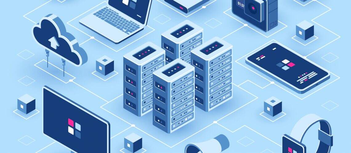 Computer technology isometric icon, server room, digital device set, element for design, pc laptop, mobile phone with smartwatch, cloud storage, flat vector illustration